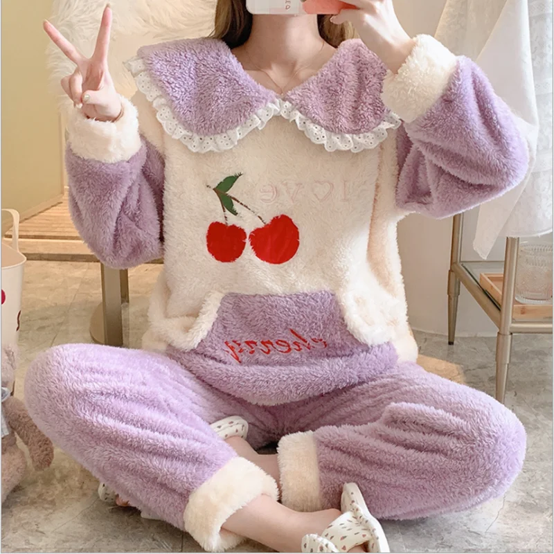 

Sweet pajamas women's plush winter lace hedging loose two-piece suit winter warmth thickening home service sleepwear nightgown