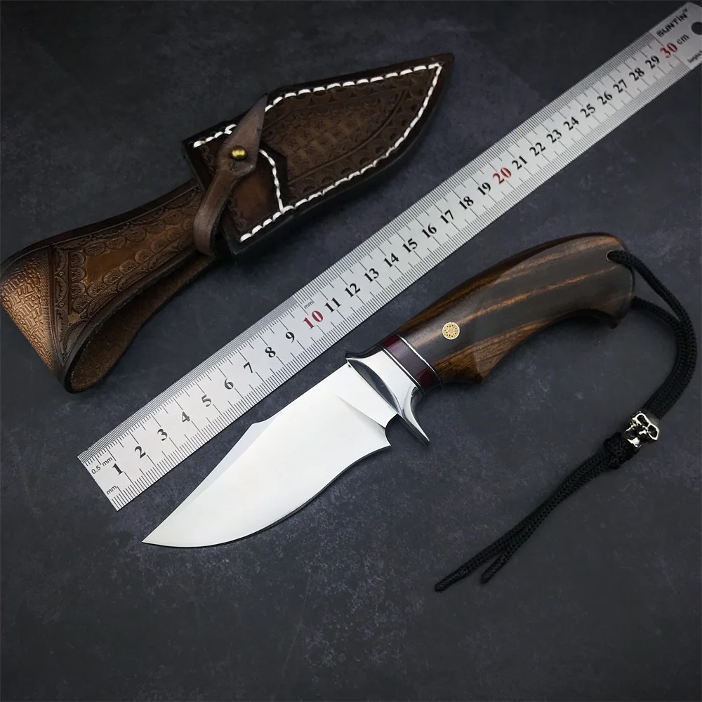 14C28N Blade Fixed Blade Knife Wooden Handle Carved Leather Scabbard Outdoor Hiking Camping Surival Self-defense Tool Knives
