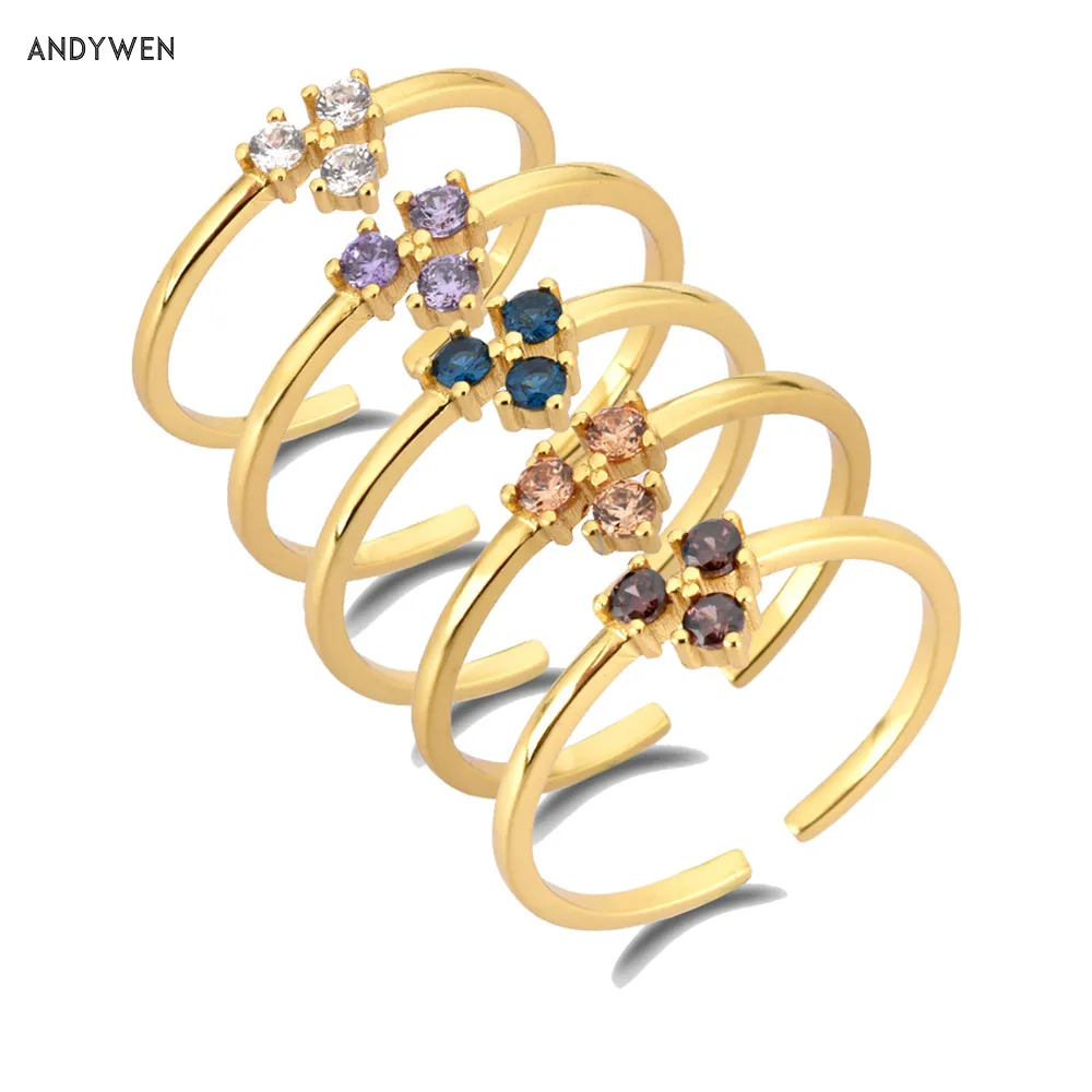 

ANDYWEN 925 Sterling Silver Colorful Three Zircon Rings Adjustable Resizable Fashion Luxury Crystal CZ Women Wedding Jewelry
