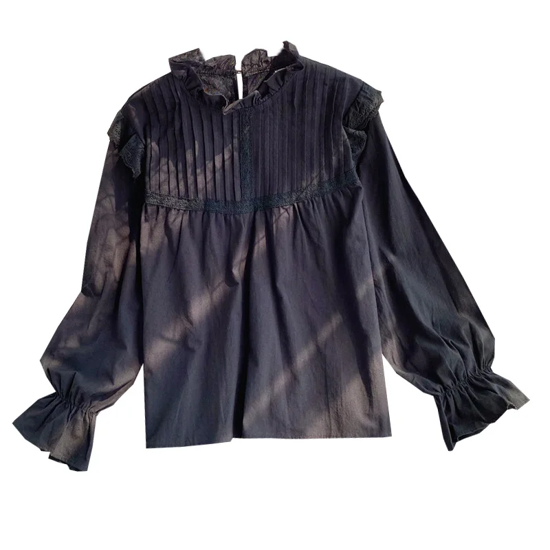 Autumn Women Pullovers Blouse Shirt Ladies Sweet Pleated Flare Sleeves Ruffles Stand Neck Slim Shirt Tops Blusas Femininas