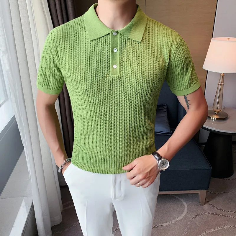 

High Quality Summer Short Sleeve Knitted Polo Shirt Men Clothes 2021 Simple Hollow Out Breathable Slim Fit Casual Tees Homme 3XL