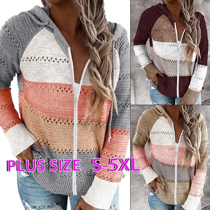 

2020 New Hot style New autumn and winter zipper sweater casual stripes hooded knitted sweater