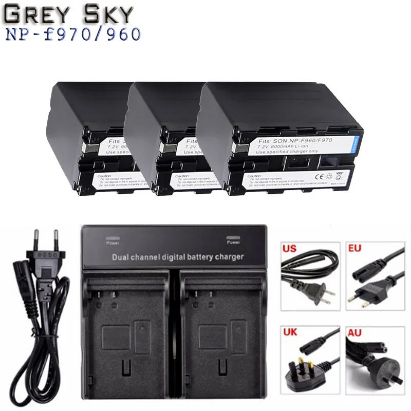charger and 3battery 2x6000 мА/ч, NP-F970 NP-F960 NP F970 батареи+ USB двойной Зарядное устройство для SONY NP-F970 HVR-HD1000 HVR-HD1000E HVR-V1J - Color: charger and 3battery