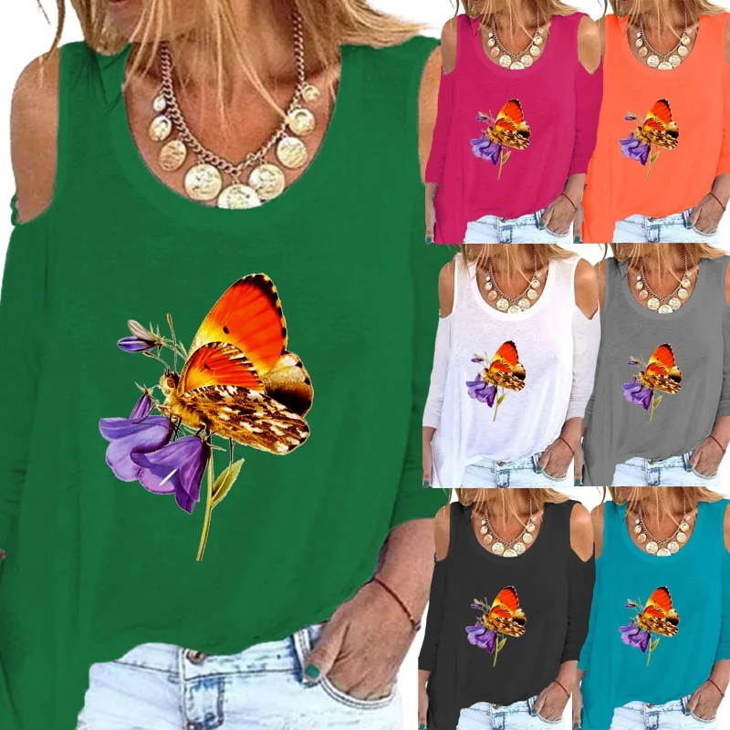 

Модные женские весенне-осенние топы с круглым вырезом и длинным рукавом, повседневные пуловеры с цветным принтом и открытыми плечами, больш...