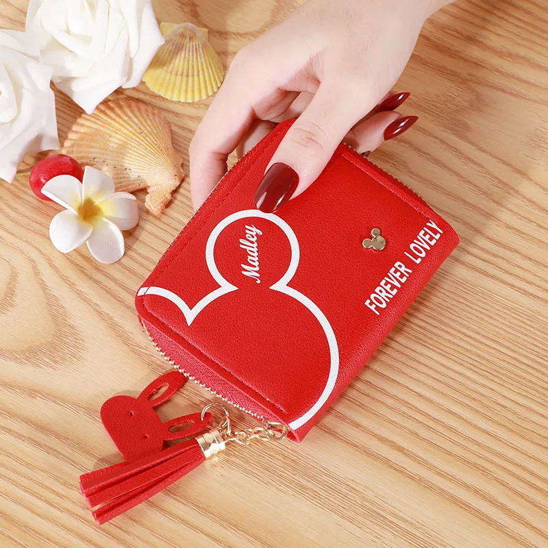 

Disney Mickey Mouse Small Wallet Lady Short Zipper Tassel Key Coin Purse Student Small Mini Wallet Minnie Card Holder Clutch