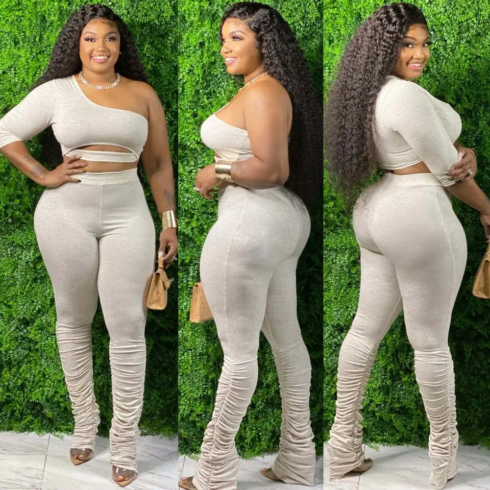 

HAOOHU Plus Size Two Piece Set Women Tracksuit One Shoulder Crop Top and Stacked Pants Sexy Club Outfits 2 Piece Matching Sets