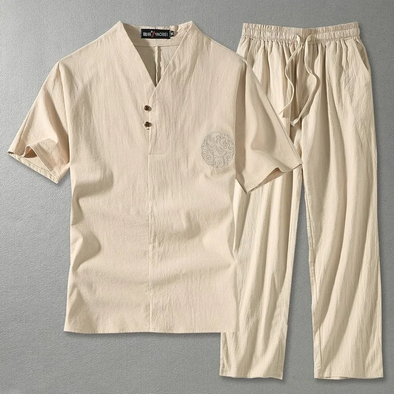 Men's Clothing Plus Size Tracksuit Summer Suit Linen T-shirt Casual Male Set Chinese Style 6XL 7XL 8XL 9XL Big Two Pcs Men Set