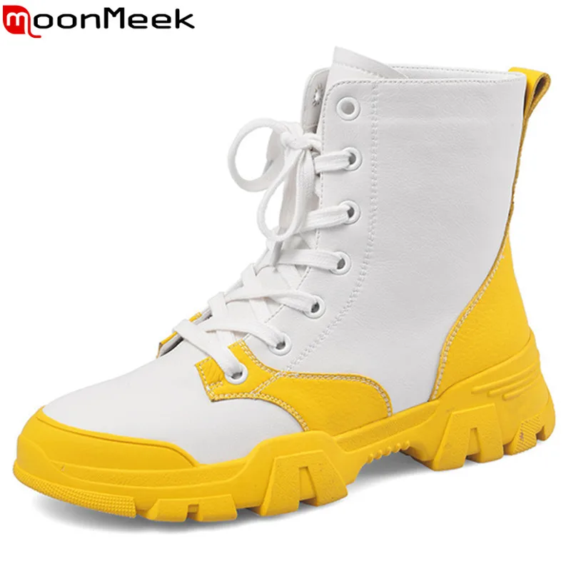 MoonMeek/Новинка 2020 года Женские ботильоны с круглым носком на плоской платформе