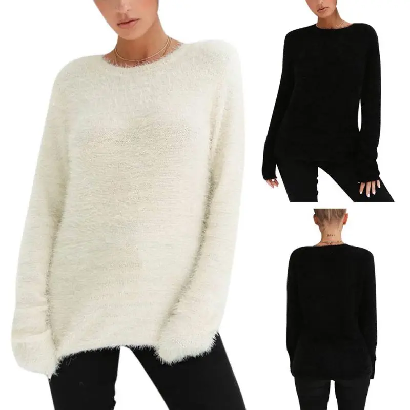 

2020 Sexy Ladies Casual Plush Solid Color Long Sleeve Blouse Tops Shirt Loose Pullover Sweaters Plus Size Newest 1pc