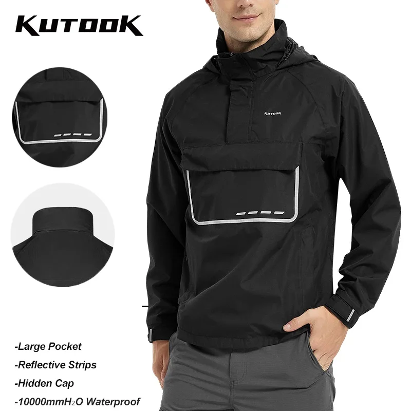 

KUTOOK Men Pullover Raincoat Poncho Cycling Outdoor Hiking Fishing Jacket Rainproof Reflective Hooded Waterproof Clothing XC002