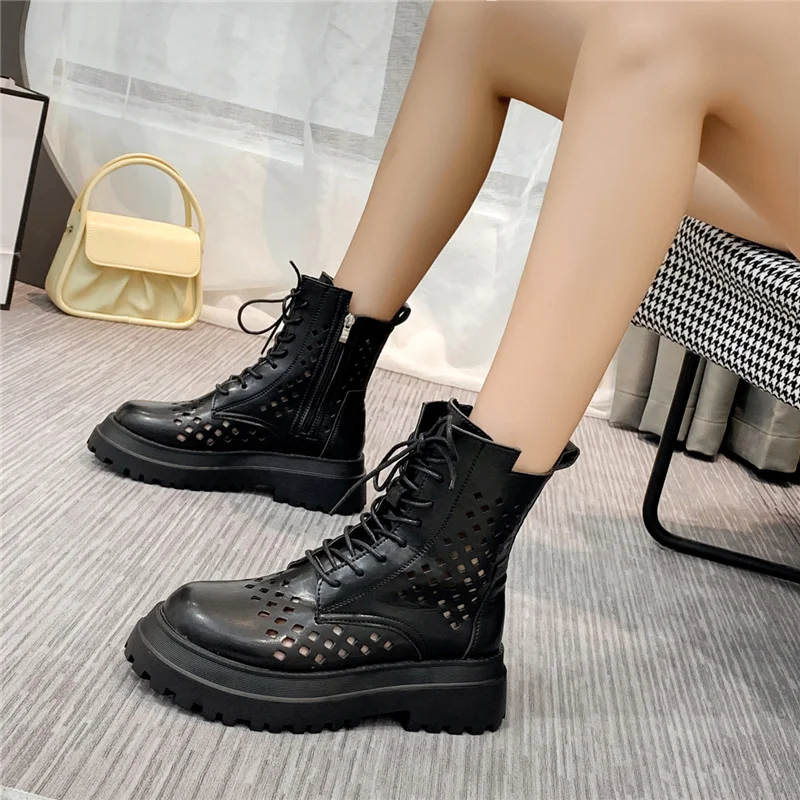 

Summer Black Combat PU Leather Female Hole Footwear Cut Out Martins Thick Platform Shoes Chunky Heels Ankle Boots for Women 2021