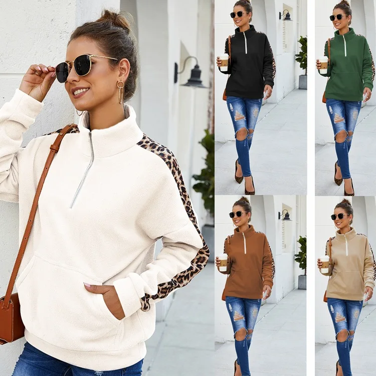 

Пуловер женский с длинным рукавом, Модный свитшот в стиле пэчворк, на молнии, с воротником-стойкой, с одним передним карманом, на весну и осен...