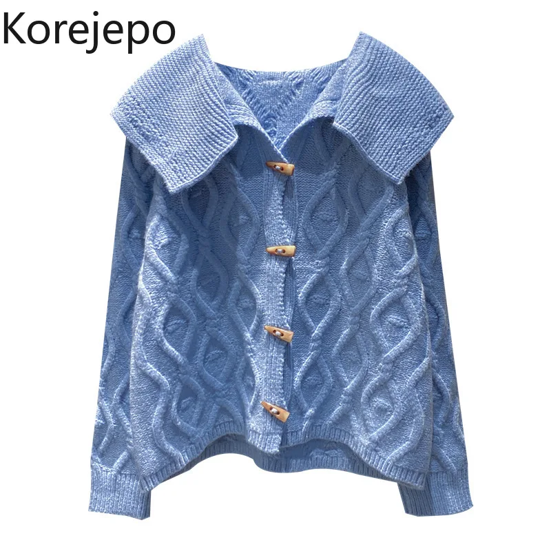 

Korejepo Women Soft Milk Style Knitted Cardigan 2021 Autumn Winter New Korean Version Turn-down Collar Long Sleeve Loose Sweater