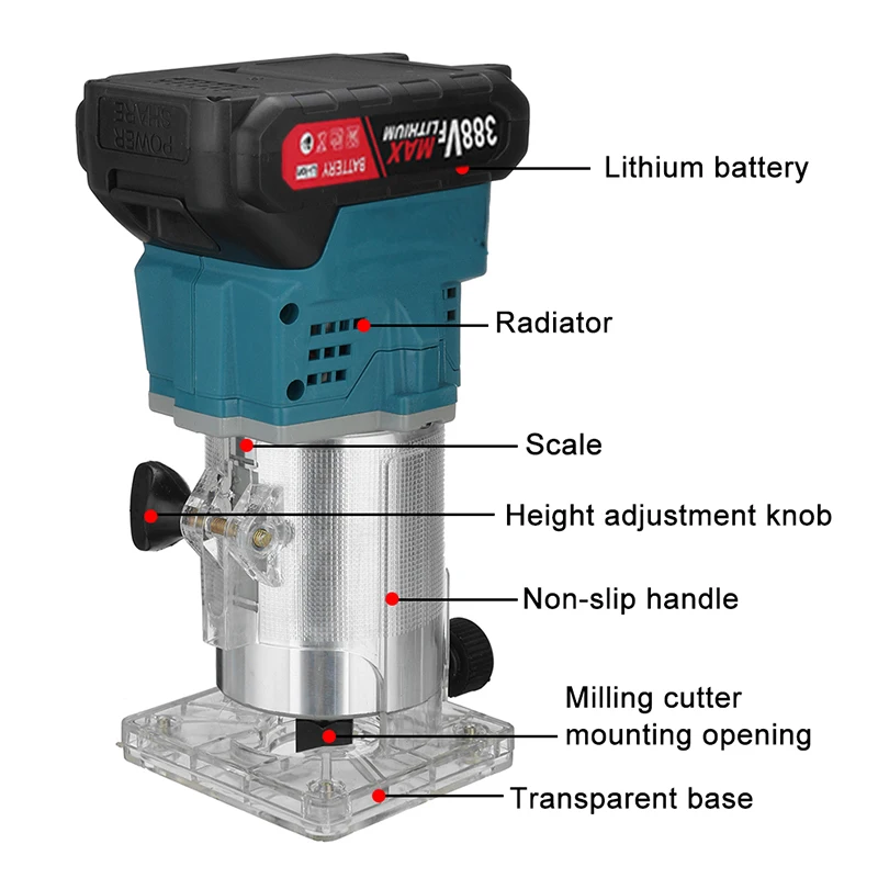 

388V 1200W Cordless Electric Trimmer Woodworking Engraving Slotting Trimming Milling Machine Wood Router for Makita 18V Battery