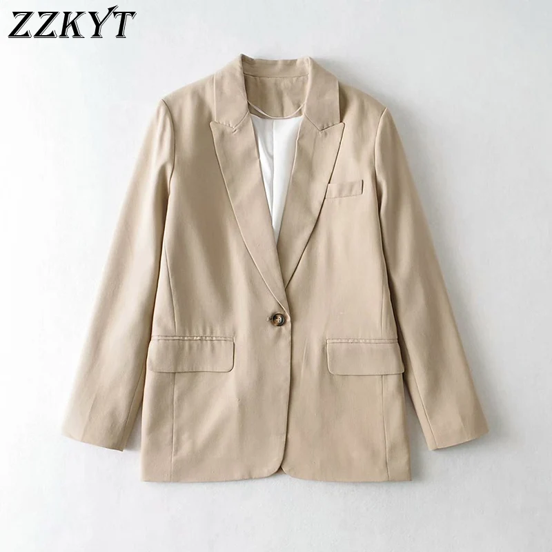 

ZZKYT 2021 Women Spring Vintage Solid Single Button Jacket Coat Fashion Lapel Collar Pockets Office Lady Female Outerwear Tops