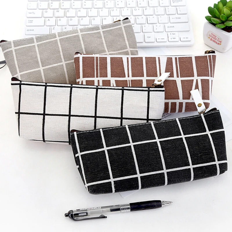 

Canvas Pencil Case School Pencil Bag Simple Striped Grid Pencils Writing Office Supplies Pen Bag Students Stationery