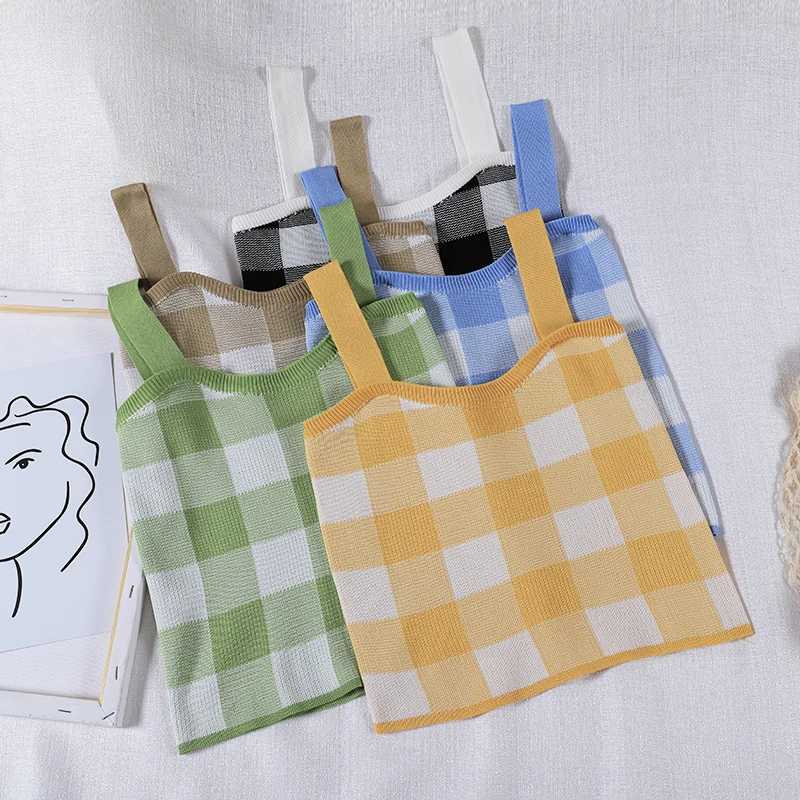 OUMEA женские вязаные топы укороченный топ в клетку на бретелях милые летние