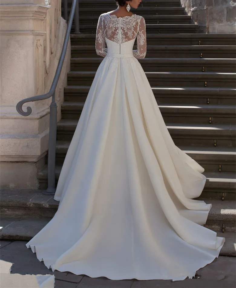 

2019 Elegant Sweetheart Long Full Sleeve White Ivory Wedding Dress Bridal Gown Chapel Train vestido de noiva wedding dresses