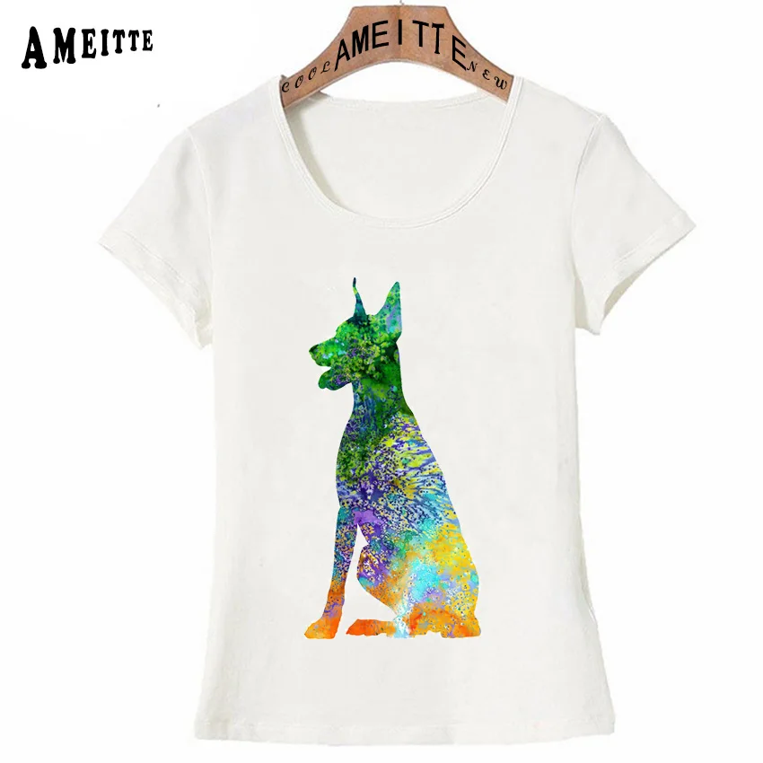 Акварель Доберман принт футболка женская летняя с забавным собаки искусства на