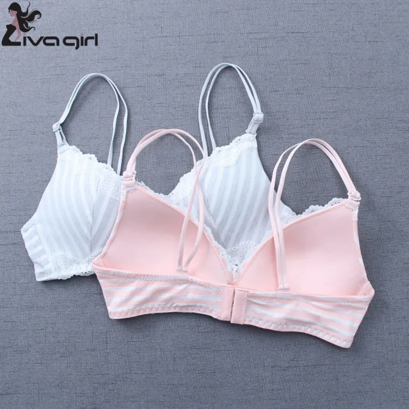 

2019 New Women Lingerie Striped Bra Lace Wire Free 3/4 Cup Bras Fashion Sweet Seamless Push Up Underwear