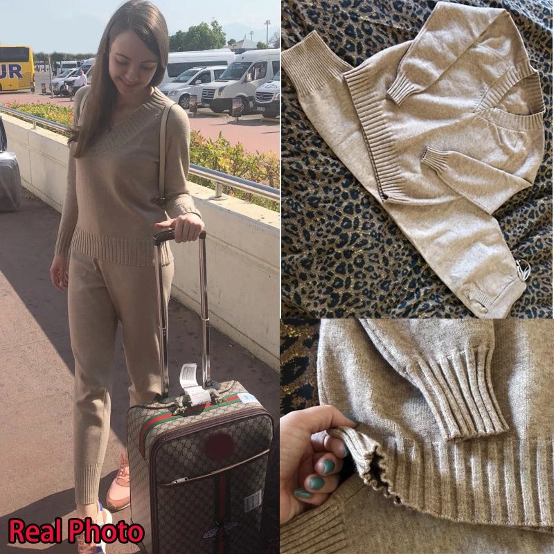 Женский свитер костюм и комплекты повседневный вязаный штаны 2 шт. спортивные