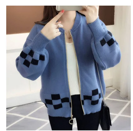

Hot sale 2021 spring and autumn 6-color round neck sweater women's knitted cardigan short loose Korean style stitching student j