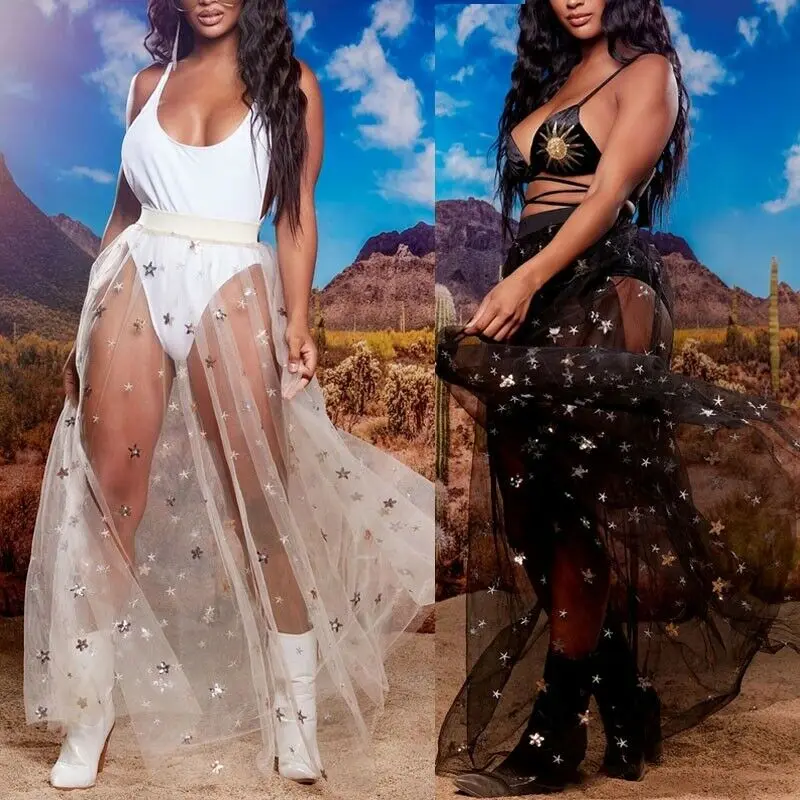 Женская прозрачная сетчатая юбка длинная свободная с вышивкой в виде звезд