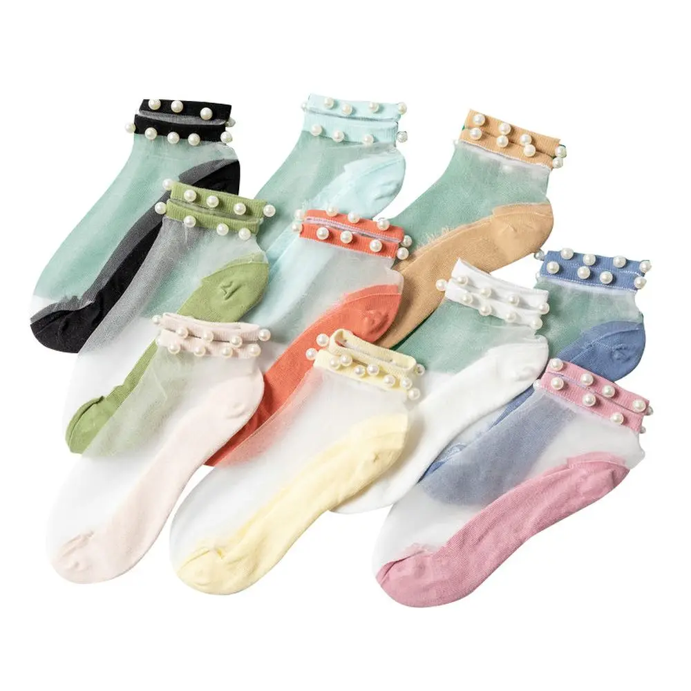 Pure Cotton Short Socks Japanese Women Pearl Glass Silk Stockings Female Summer Thin Deodorant Women Shallow Mouth Crew Men Sock