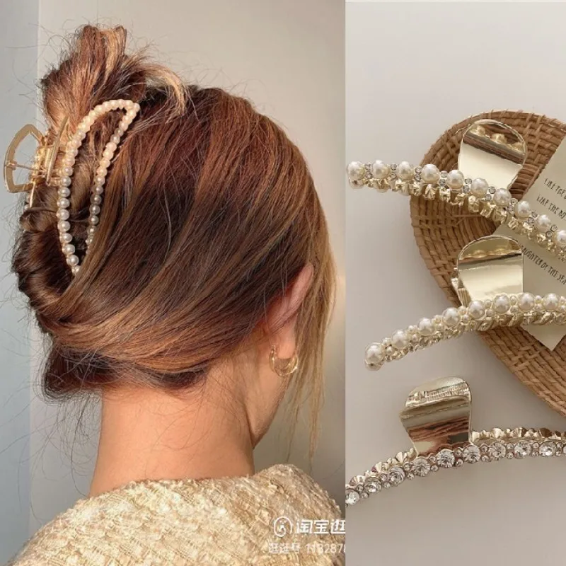 

Pearls Rhinestone Hair Claw Elegant Metal Large Hair Clip Fashion Geometric Hairpin Vintage Simple Hairpin Girl Hair Accessories