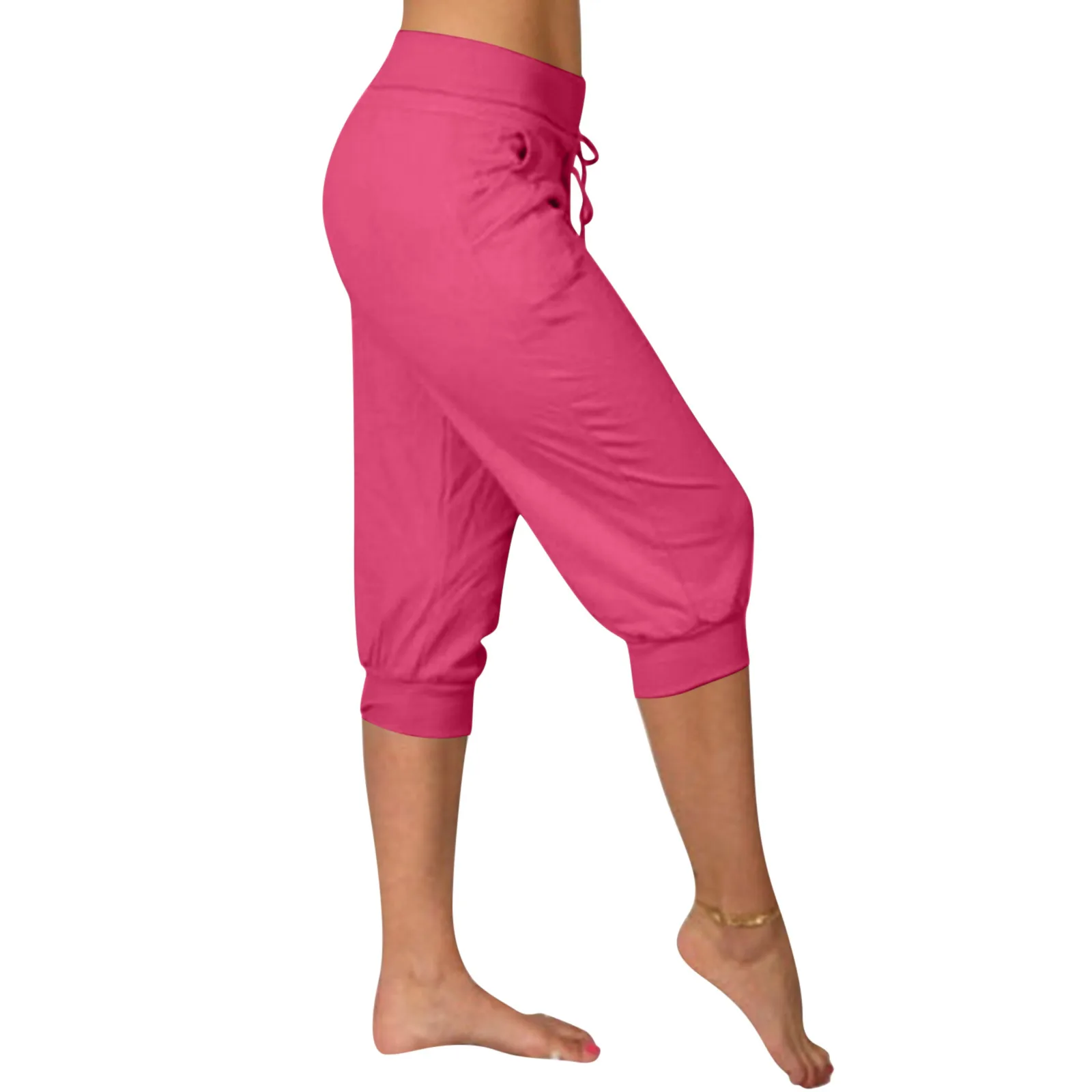 

40# Summer Casual Pants Women Plus Size Women's Solid Color Elastic Waist Drawstring Capri Pants Harem Pants pants for femme