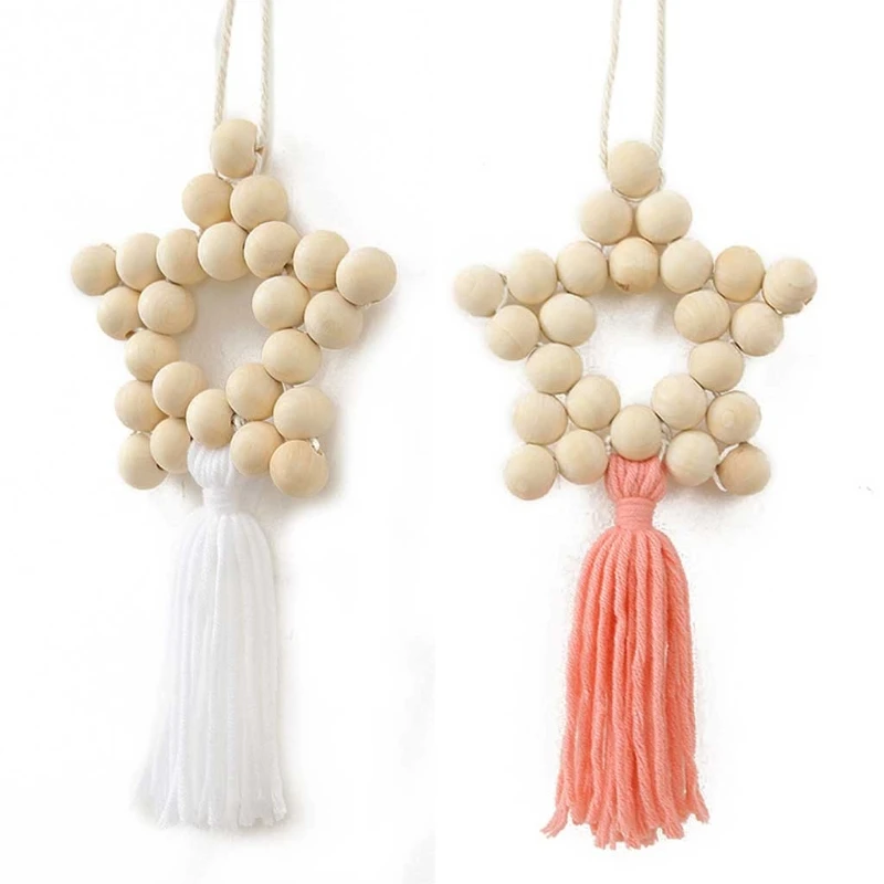 

Nordic Style Wall Hanging Ornament Star Shape Wooden Beads Tassel Pendant Kids Room Decoration Photo Props