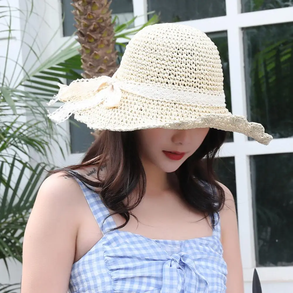 

New Women's Sun Hat Bucket cap Crochet Knit Straw Foldable Lace Ribbon Hat Sunscreen Beach Cap Sunhat Straw Outdoor Hat