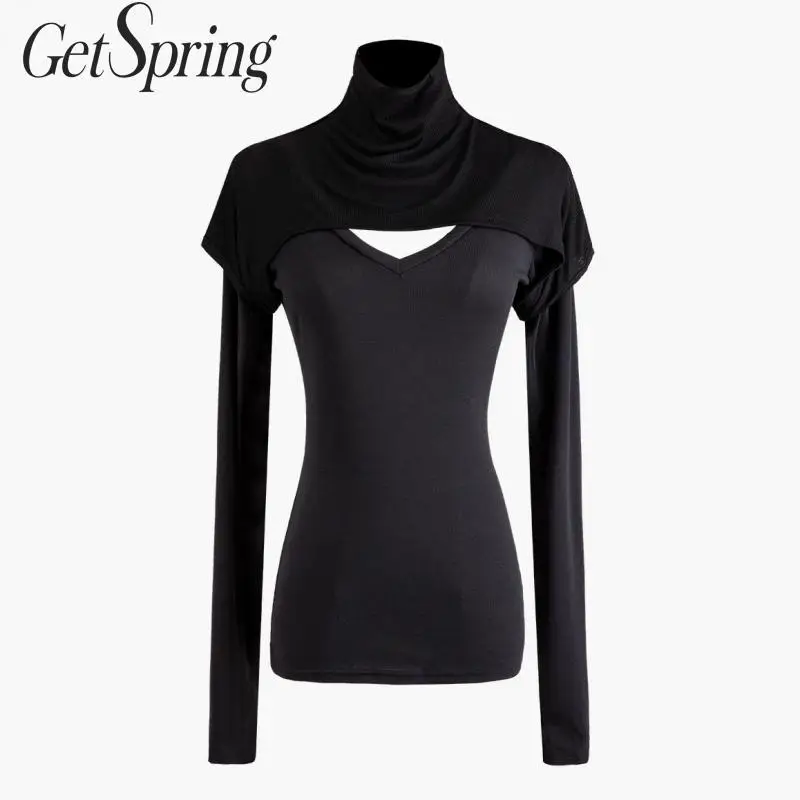 Getвесенняя женская футболка с длинным рукавом и воротником хомутом необычная
