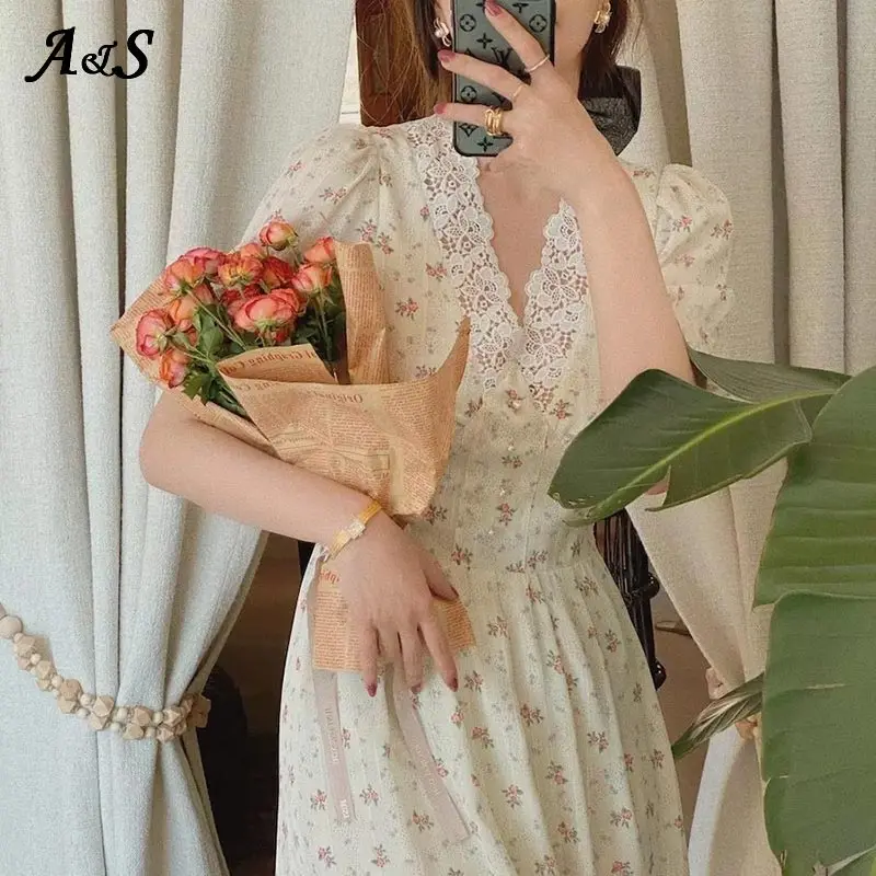 Anbenser Harajuku Floral Dress Women Vintage Party French Sexy Dresses Female Summer Retro Elegant Casual Lace Collar Mini Dress