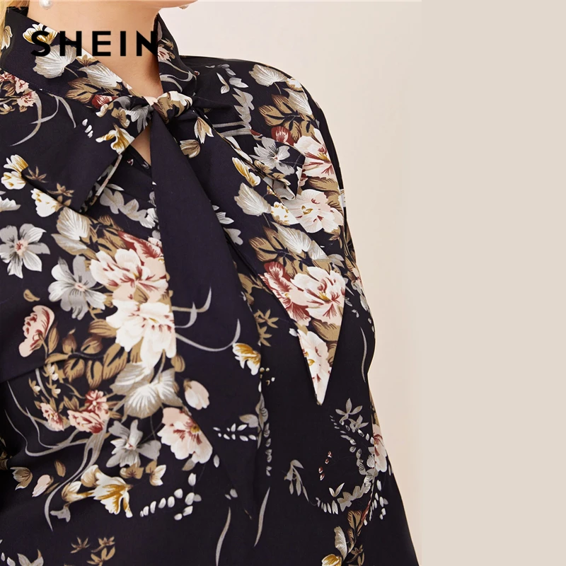 SHEIN, плюс размер, темно-синий топ с завязками на шее, с растительным принтом, для женщин, осень, однотонный, элегантный, для офиса, для женщин, s, плюс, топы и блузки