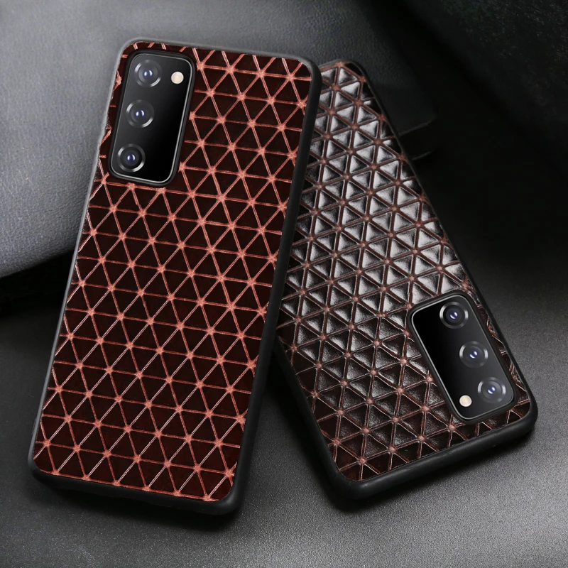 Leather Phone Case For Samsung Galaxy S21 FE Case For S20 Plus Cowhide Cover For Note 20 Ultra Diamond Pattern Case