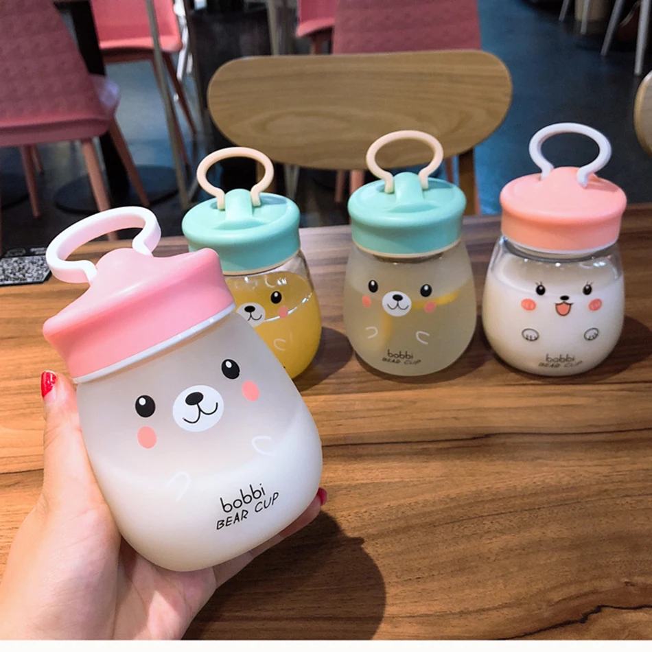 Kawaii стеклянная бутылка для воды, портативная чашка с милым медведем, чайное ситечко, герметичная Питьевая Бутылка для девочек, студентов, детей