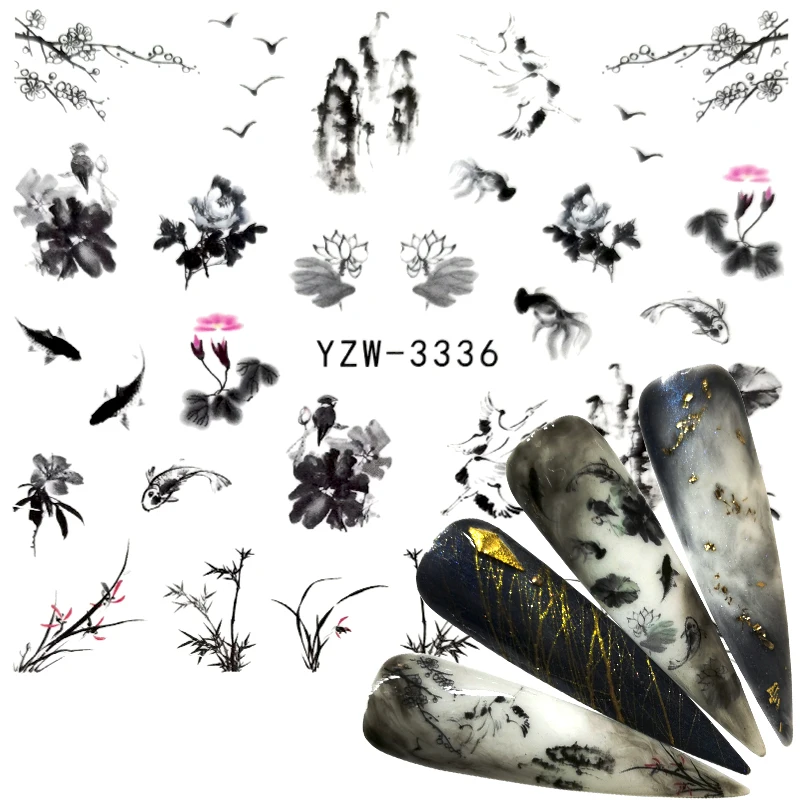 

1 Sheet Chinese Landscape Painting Style Fish Floral Bird Adhesive Nail Art Stickers Decorations DIY Salon Tips
