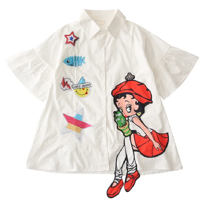 

Girls Sequined Shirt Dress for 2021 Summer Children's Cartoon Trumpet Sleeves Slim Long Shirt Suitable for Girls Aged 5-14