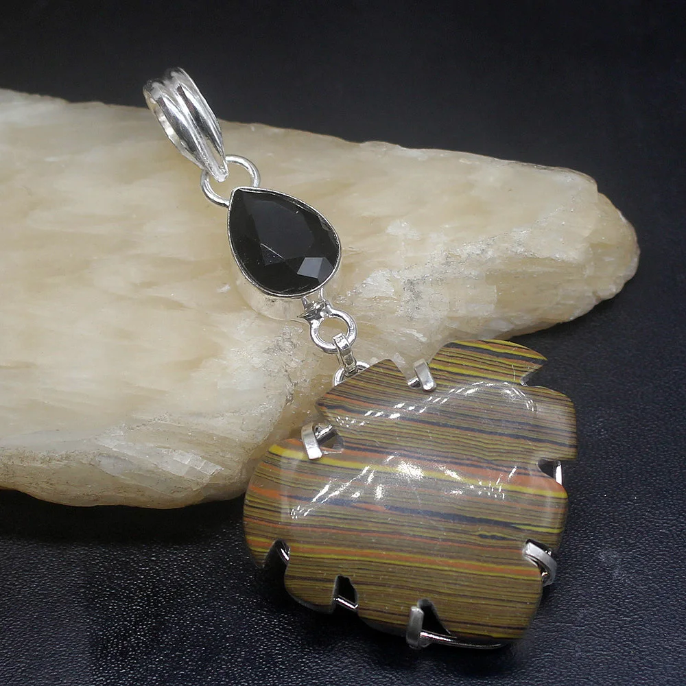 

Gemstonefactory Jewelry Big Promotion 925 Silver Natural Stripe Jasper Black Onyx Women Ladies Gifts Necklace Pendant 0791