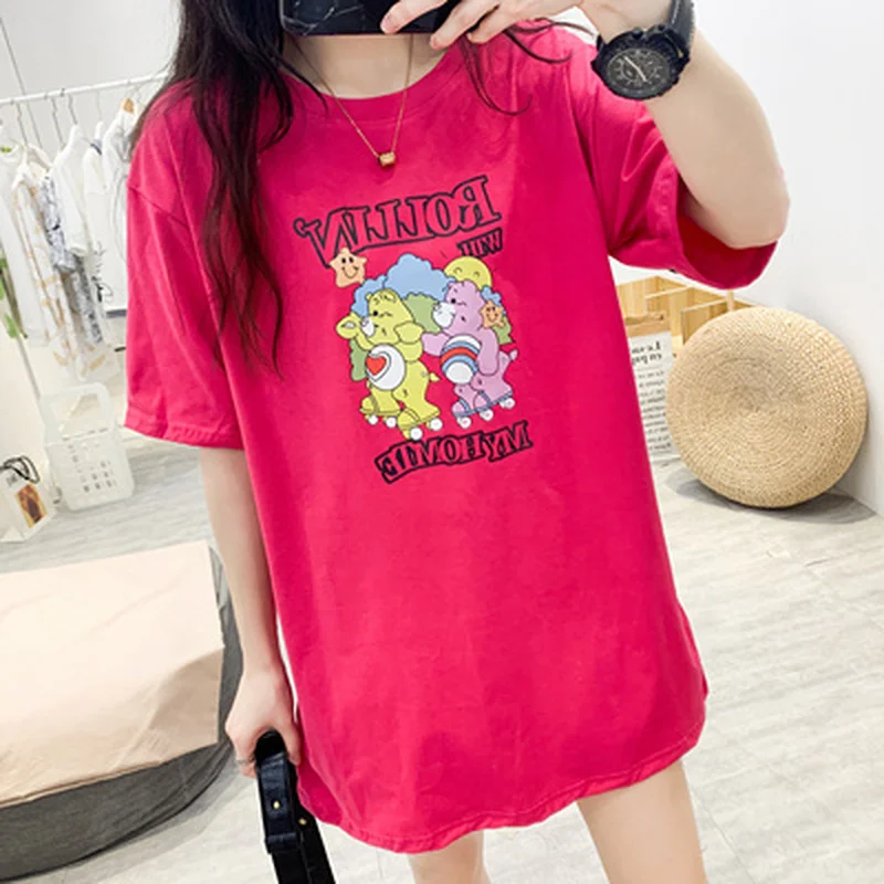 

027# Summer Cartoon Printed Cotton Maternity Tees Chic Ins Large Size Loose T-shirt Clothes for Pregnant Women Pregnancy Tops
