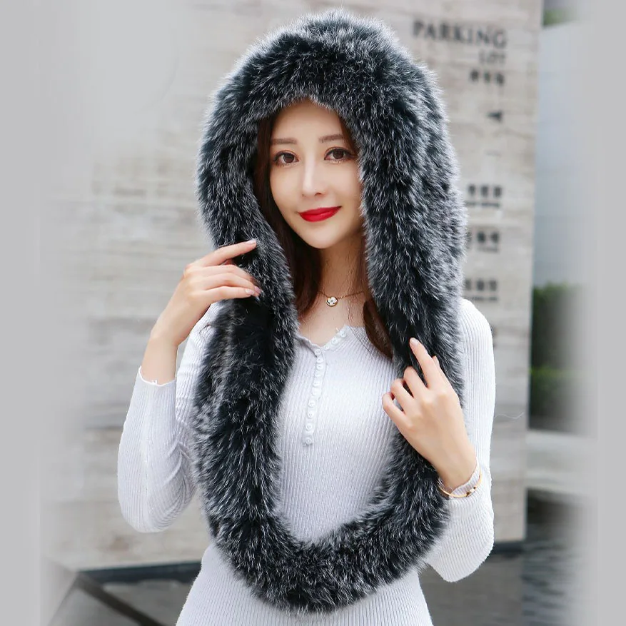 2020 Luxury Lady Real Fox Fur Hat Scarf Winter Warm Fluffy 100% Natural Fox Fur Hats Scarves Women Knitted Genuine Fur Cap Shawl