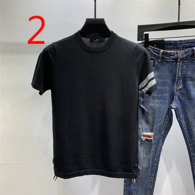 

Men's Half Sleeve Tight Embroidery Breathable T-shirt Striped Social Short Sleeve Knit Top