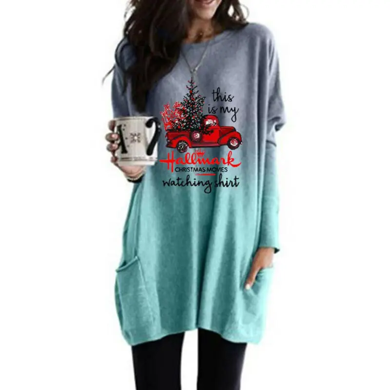 

Long Sleeve Cotton T-shirt Round Neck Red Car Print Top Gradient Fashion Casual Loose Tees Ladies Autumn Clothes Pockets