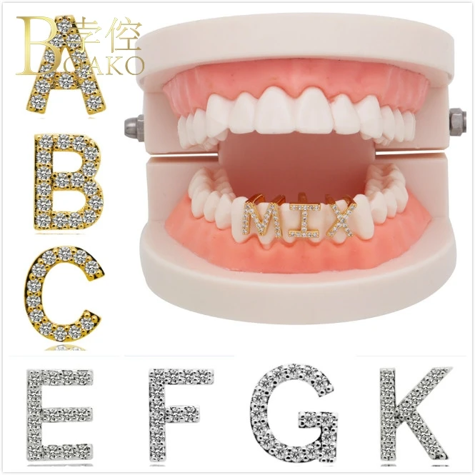 Glitter Zircon Grillz Men Hip Hop Gold Dental Grills Initial Letter Tooth Cap Girl Teeth grillz Caps Punk Jewelry K5 | Украшения и