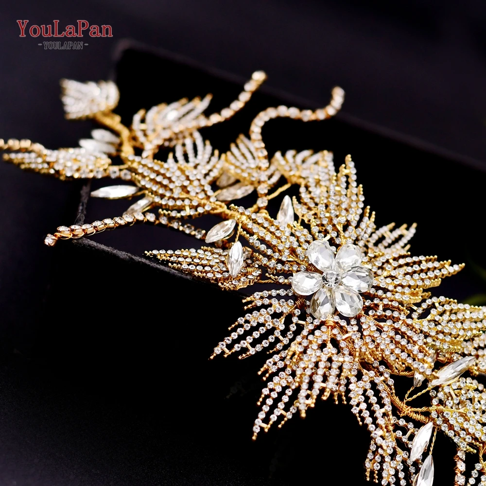 

YouLaPan HP380 Fashion Rhinestone Headband Wedding Crown for Brides Hollow Gold Leaf Bridal Headpiece Women Tiara Hair Jewelry