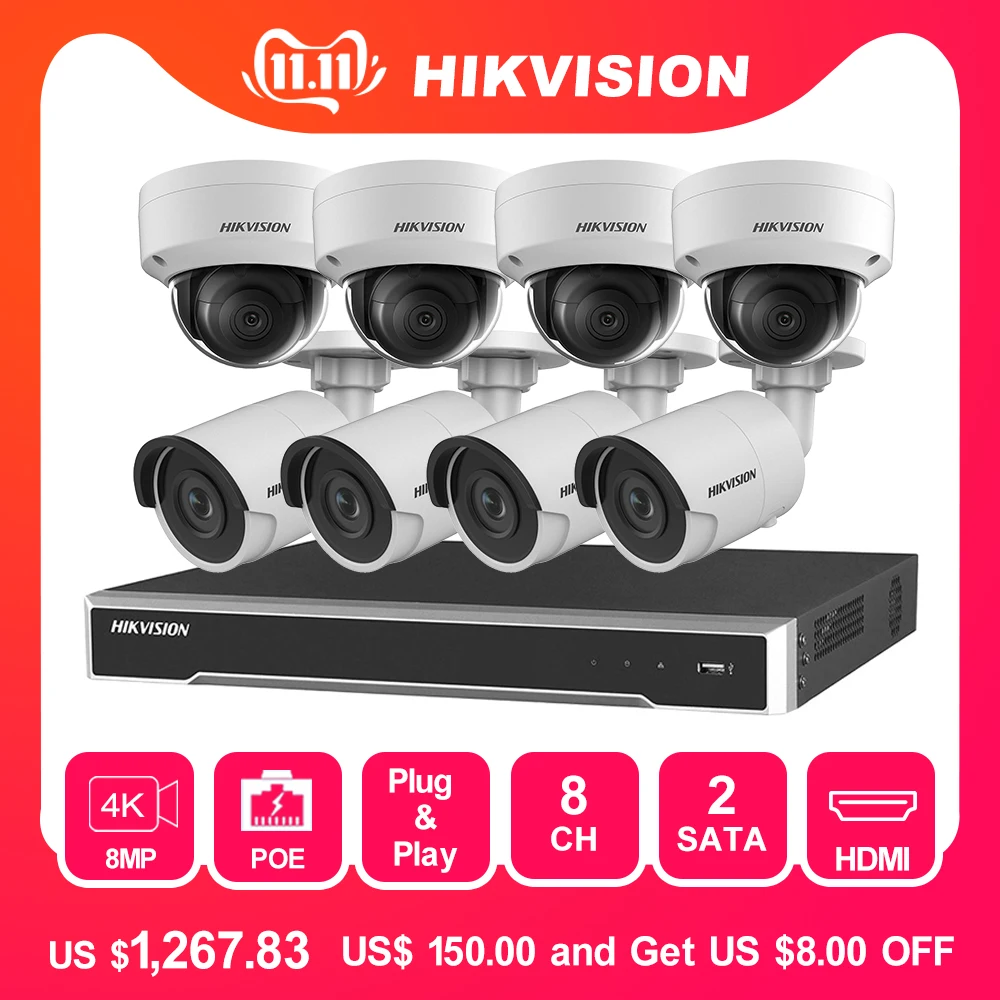 Hikvision 8CH CCTV комплект видеонаблюдения 4MP камера безопасности Система 8CH POE NVR Max 4K выход 8 шт. 8MP POE IP камера CCTV Водонепроницаемая