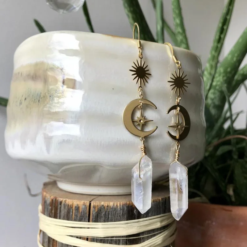 

Vintage Boho Sun Moon Raw Quartz Earring Natural Stone Crystal Dangle Drop Earrings Fashion Star for women Girl Jewelry Gifts