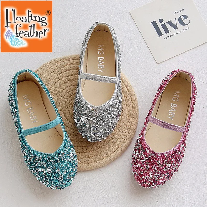 

Spring Summer Girls Shoes Bling Princess Shoes For Big Girl Silver Wedding Shoes Elastic Mary Janes Kids Flats Child Shoes K213