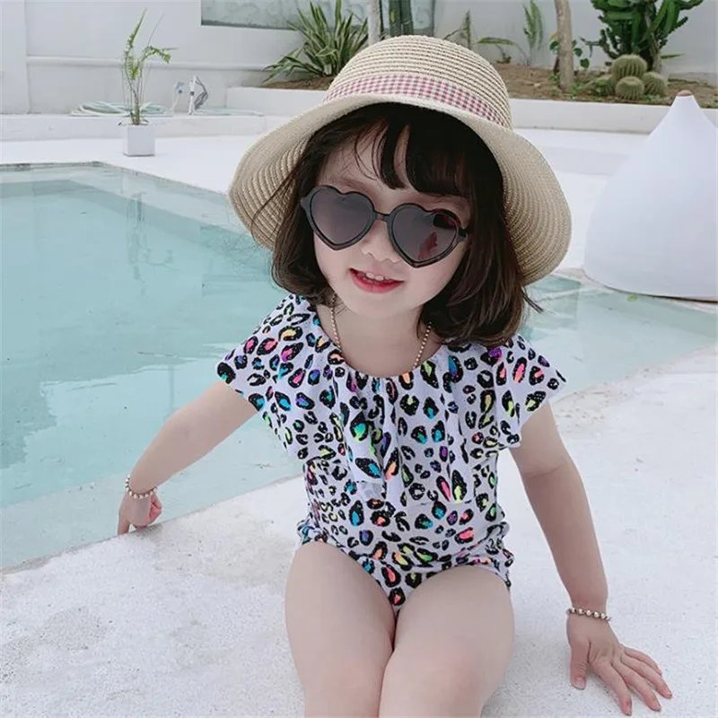 Новый детский купальник для девочек цельный костюм с леопардовым принтом